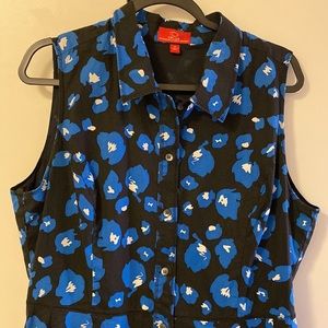 Oscar de la Renta Black & Blue Floral Sleeveless Shirt Dress, Size 16